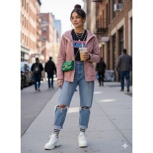 Love Tree Womens Dusty Rose Pink Cotton Hooded Utility Anorak Jacket Medium